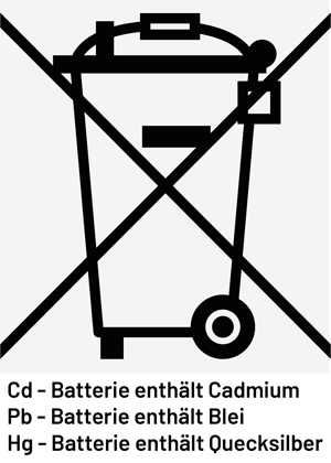 Symbol mit einer durchgestrichenen Mülltonne und Erklärung der Abkürzungen Cd: Batterie enthält Cadmium; Pb: Batterie enthält Blei; Hg: Batterie enthält Quecksilber
