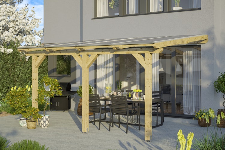 Skan Holz Terrassenüberdachung Bormio - Leimholz Aktionsangebot mit Dachplatten in bronze
