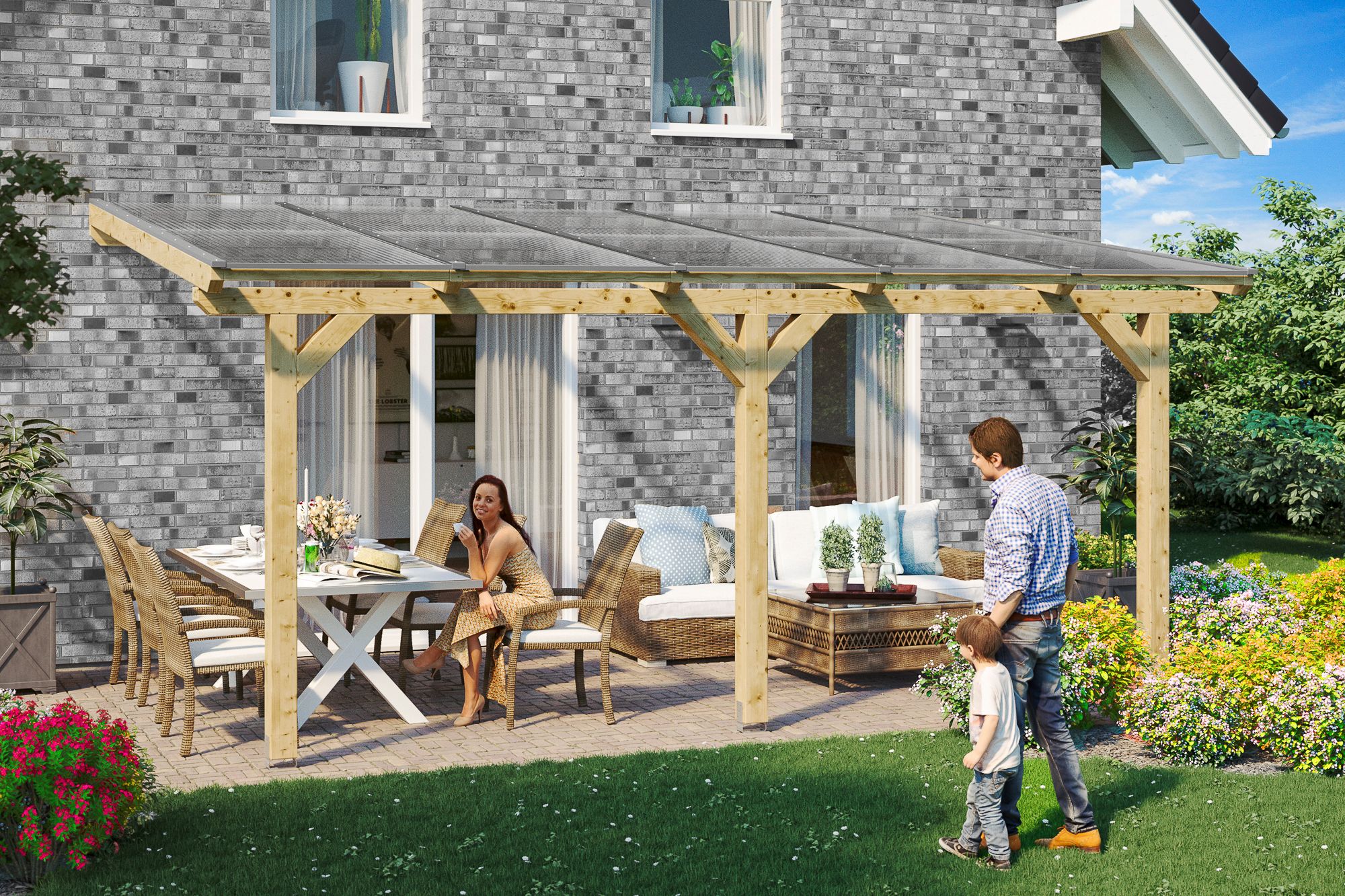 Skan Holz Terrassenüberdachung Bormio - Leimholz Aktionsangebot mit Dachplatten in bronze