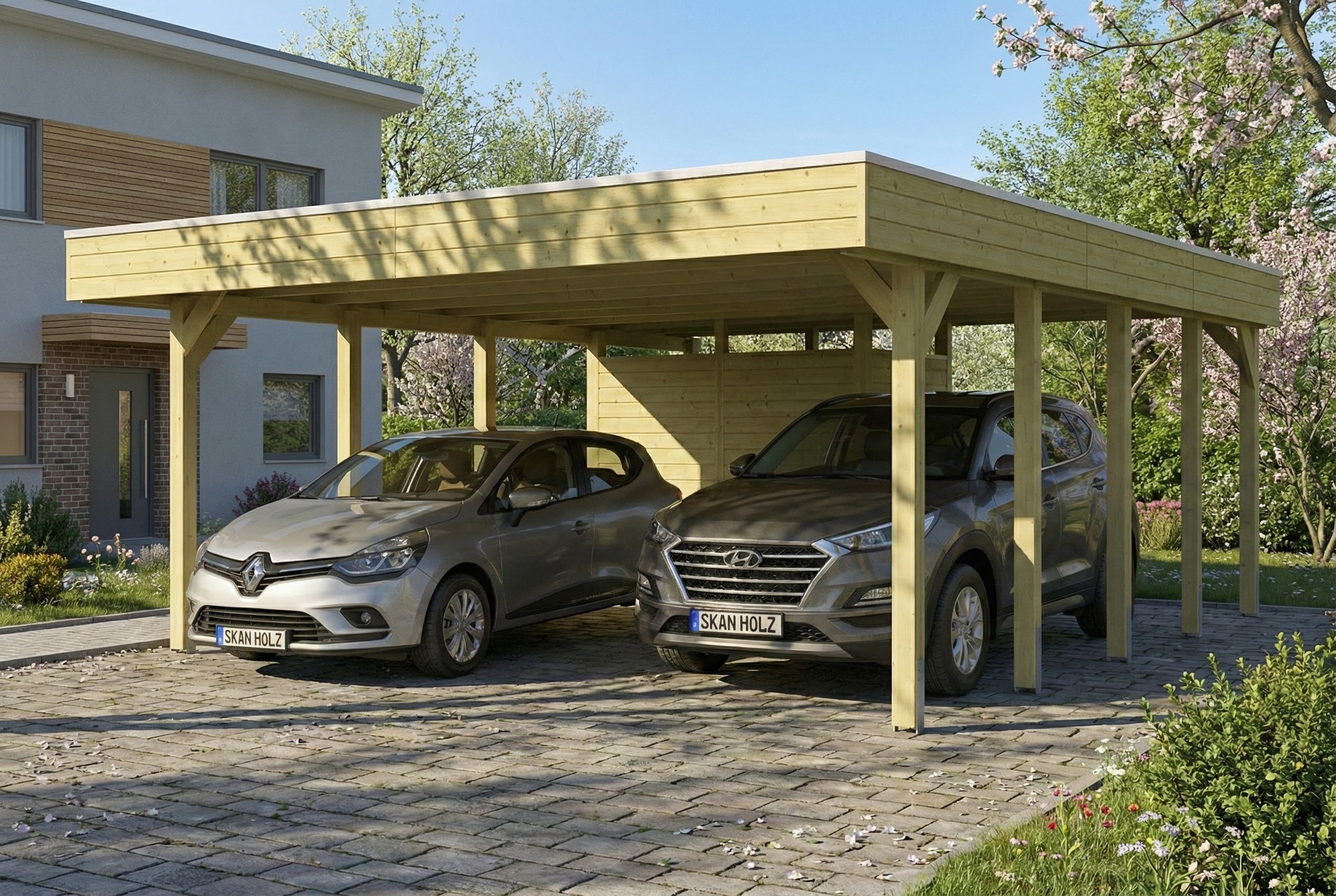 Skan Holz Doppelcarport Friesland 546x708 cm mit Abstellraum Set D