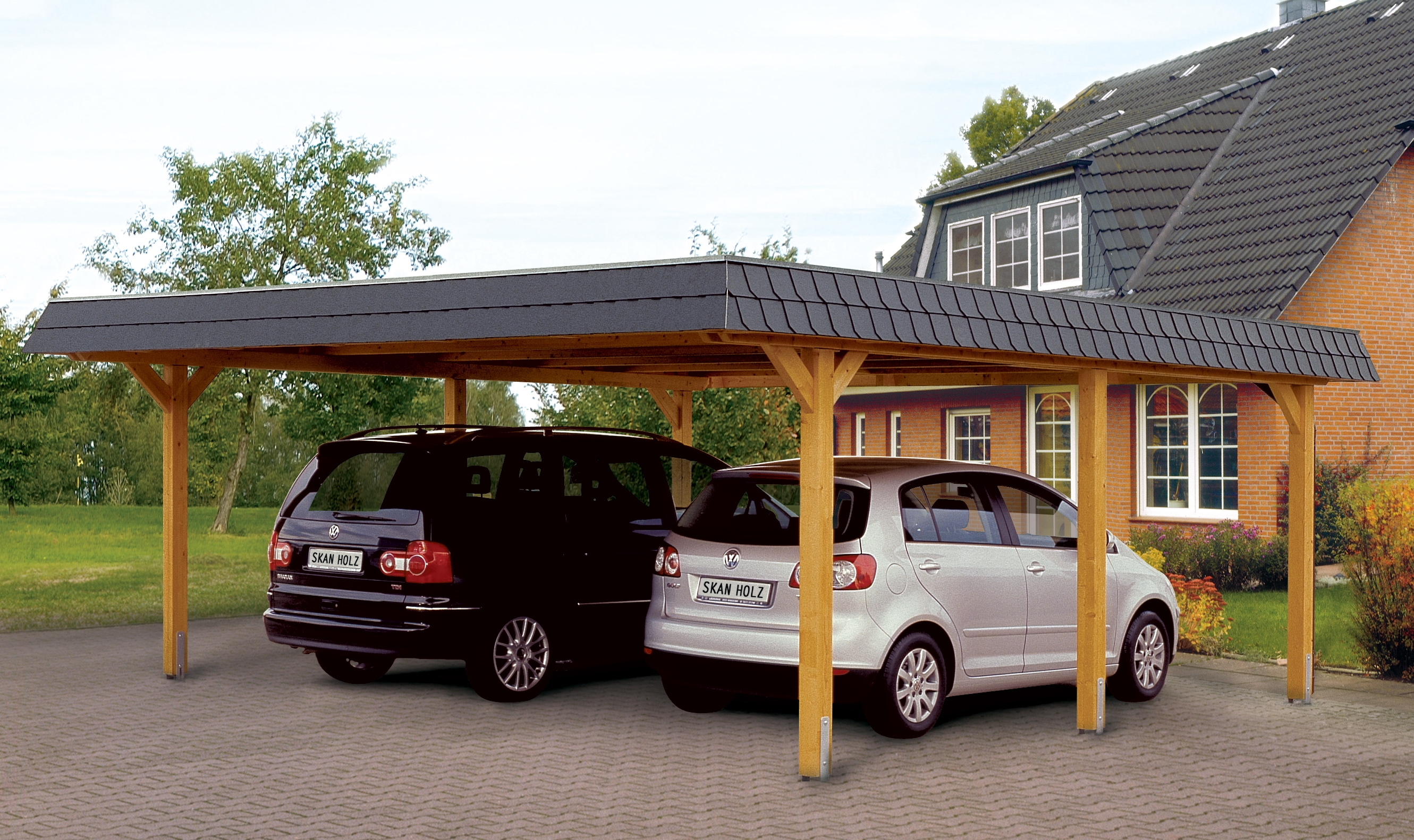 Skan Holz Wendland - Walmdach Doppelcarport aus Leimholz Breite 630 cm