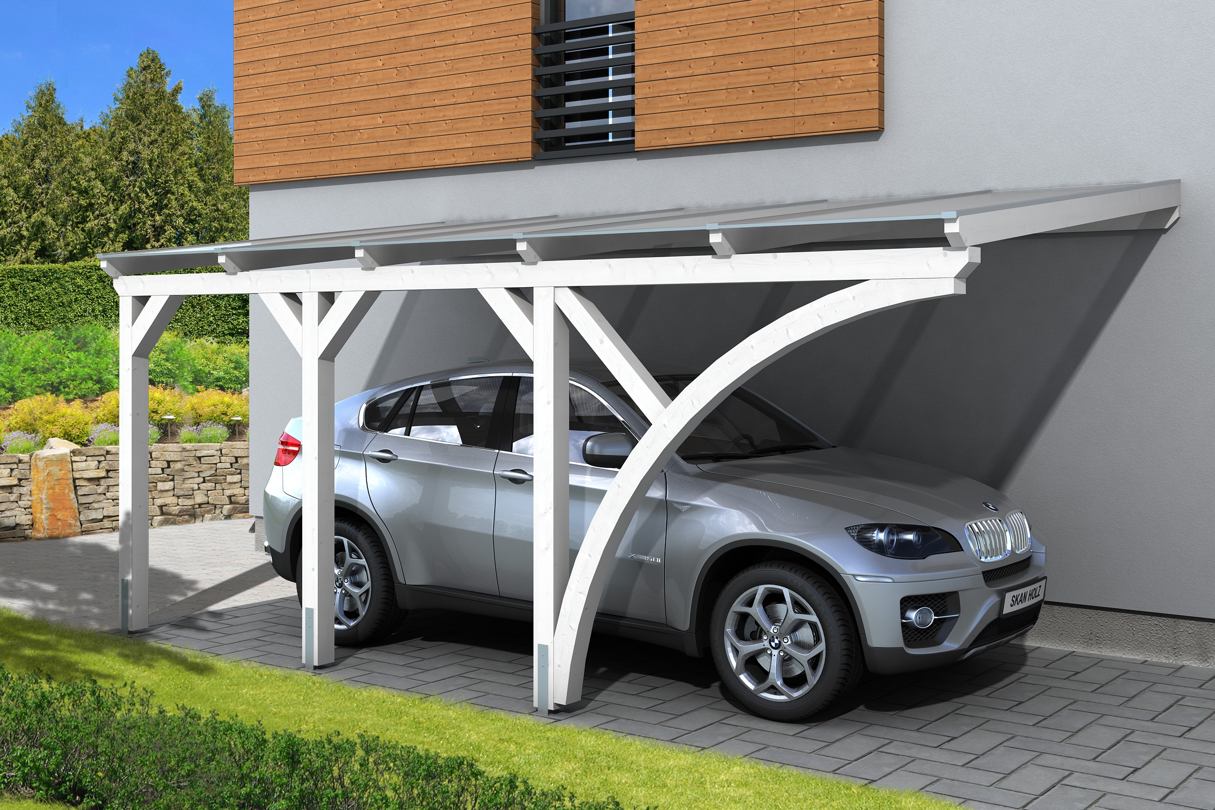 Skan Holz Wandanbau-Carport Eifel mit Einfahrtsbogen 300 x 541 cm
