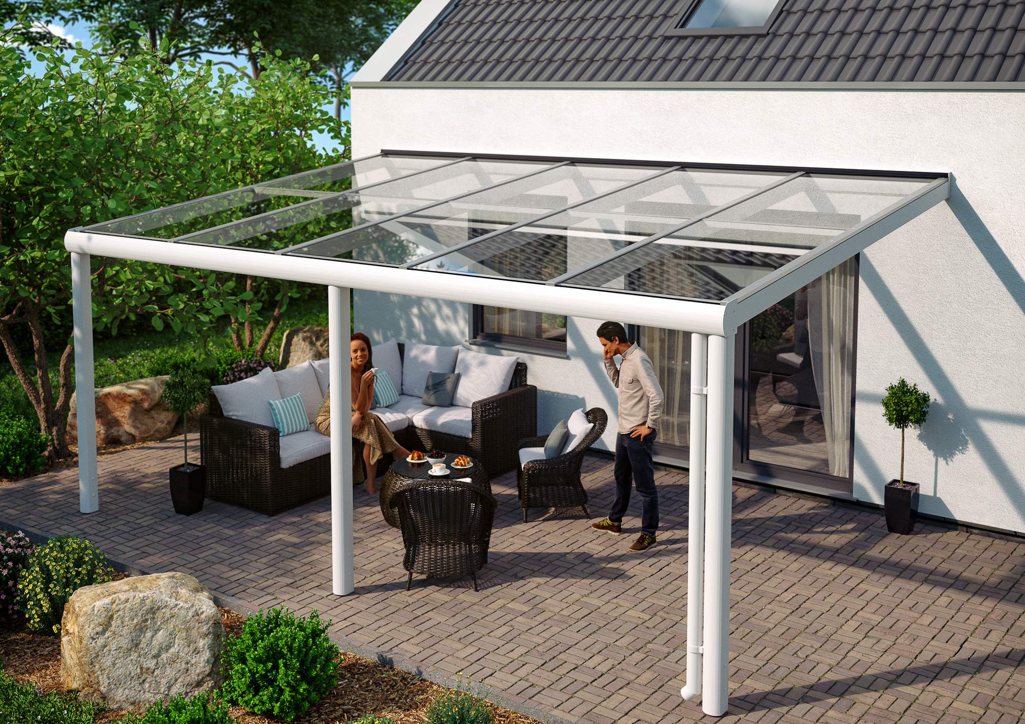 Skan Holz Aluminium Terrassenüberdachung Monza Breite 541 cm mit Echtglas-Dach