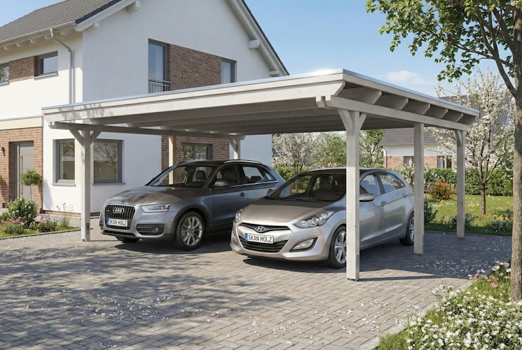 Skan Holz Emsland - Flachdach Doppelcarport aus Leimholz Breite 609 cm